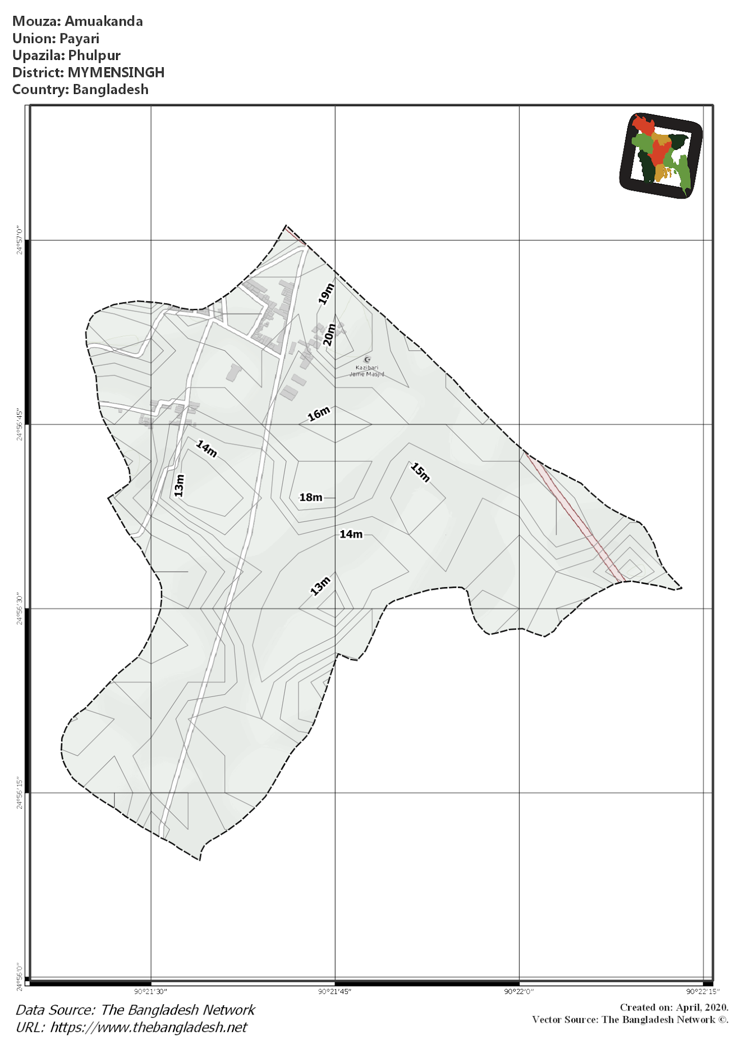Map of Amuakanda Mouza of Phulpur Upazila, MYMENSINGH, Bangladesh.