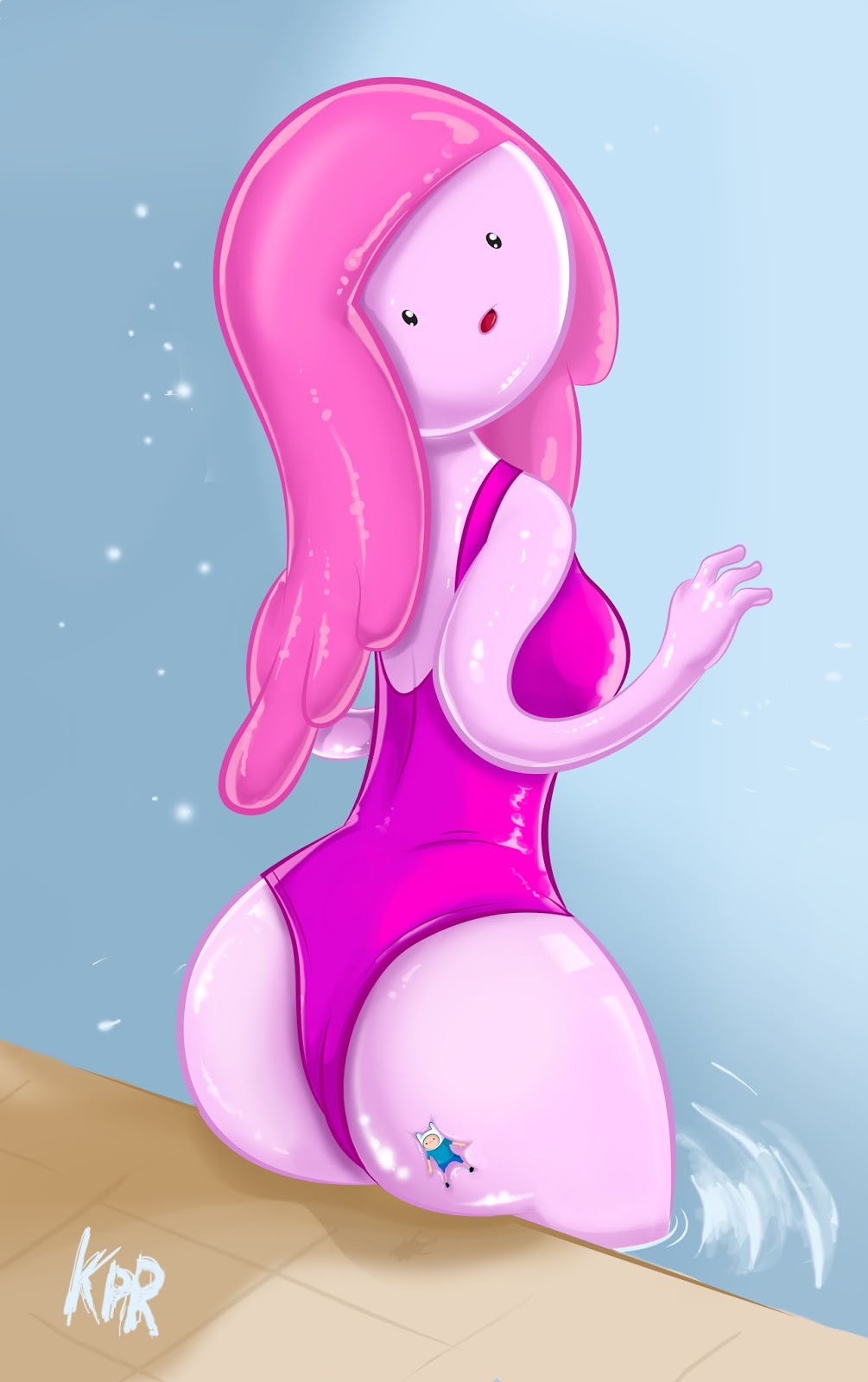 Fanart:Princess Bubblegum gigante en traje de baño sentándose en Finn el hu...