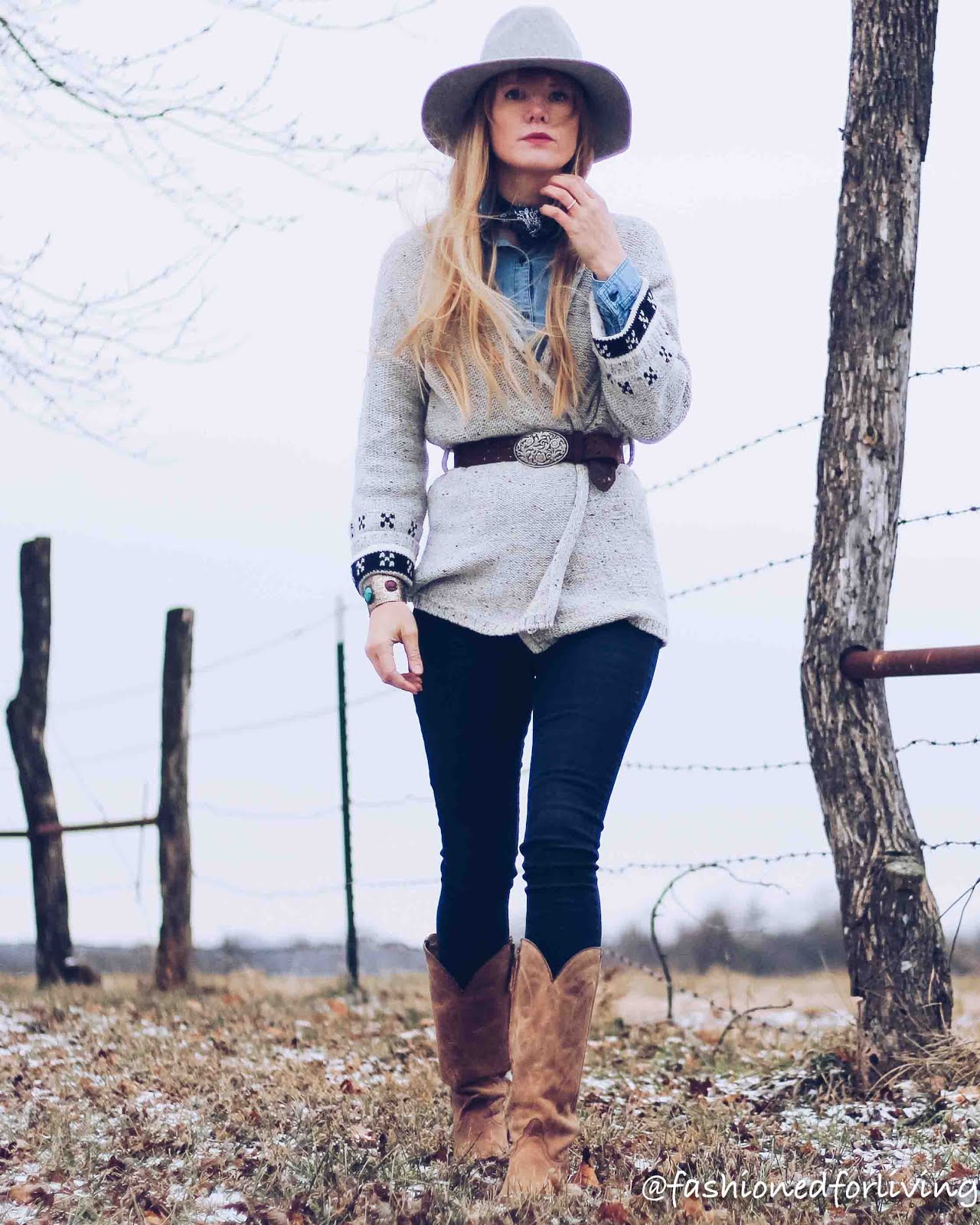winter cowboy boots outfit with sweaters