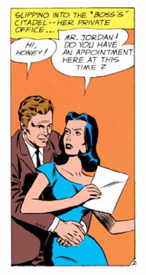 Showcase (1956) #22 Page 17 Panel 1: Hal Jordan ignores Carol's professional boundaries and hits on her in her office.