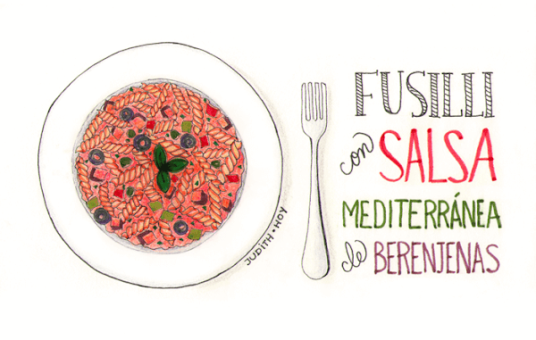 fusilli con salsa mediterránea de berenjenas