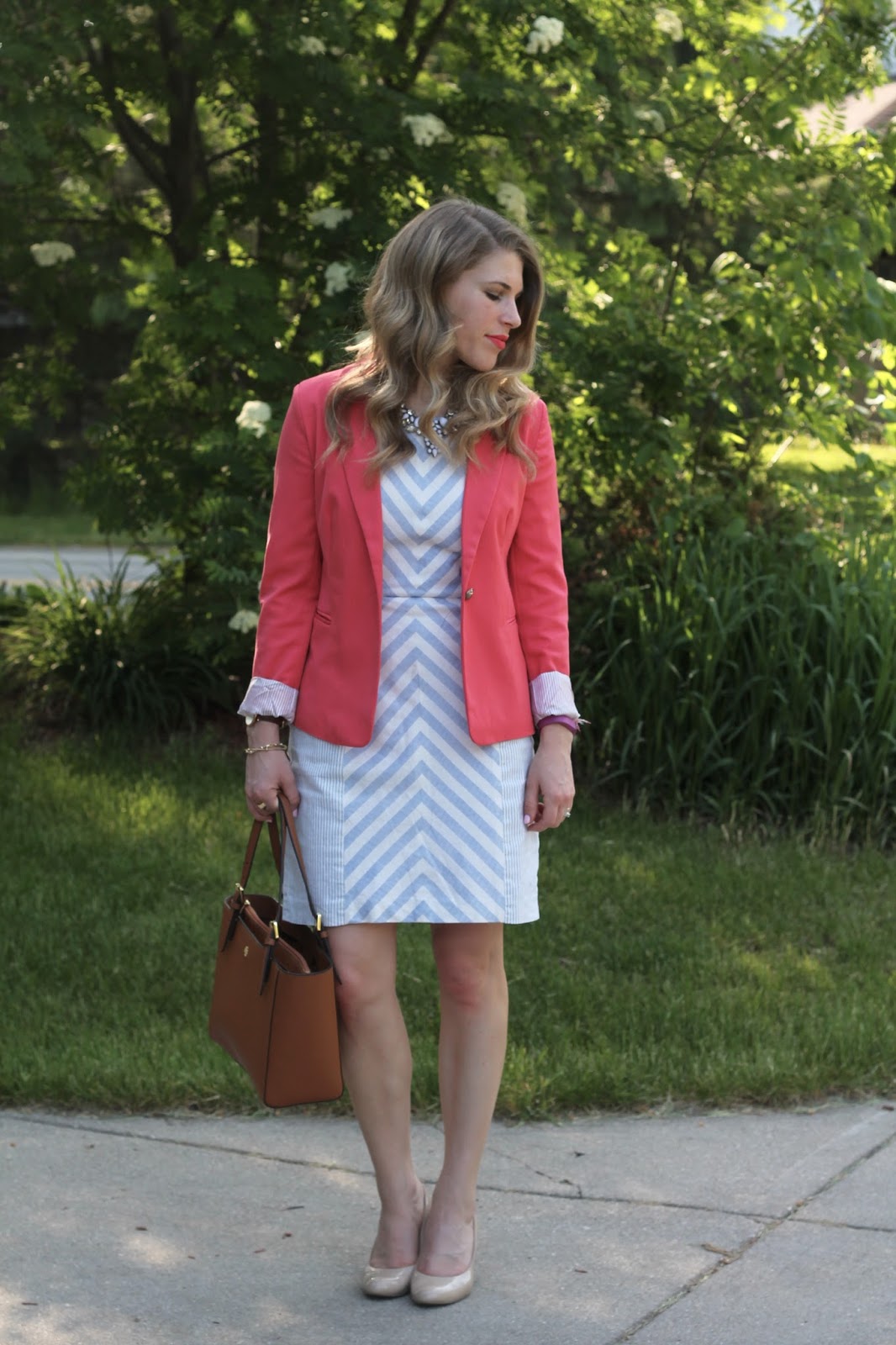 Coral Blazer & Striped Dress - I do deClaire