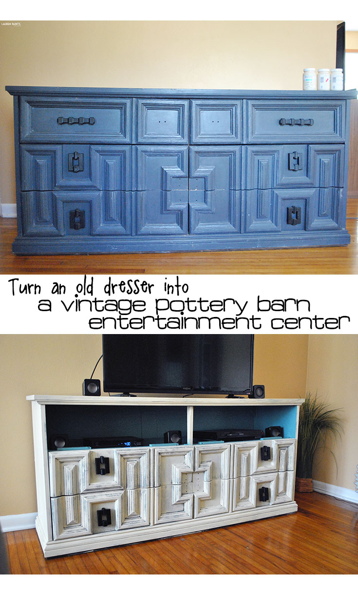 DIY Dresser into Vintage Pottery Barn Entertainment Center + Our New Living Room {Work in Progress}