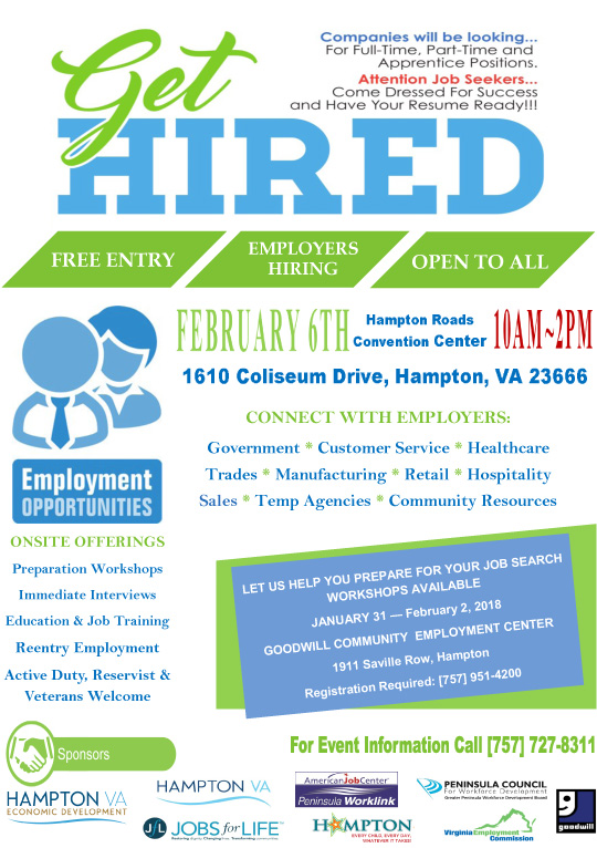 GET HIRED Job Fair 6 Feb 2018 over 85 Employers Hampton Roads