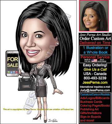 Real Estate Agent Holding Cell Phone Caricature Ad