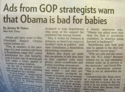 Newspaper article with headline Ads from GOP strategists warn that Obama is bad for babies