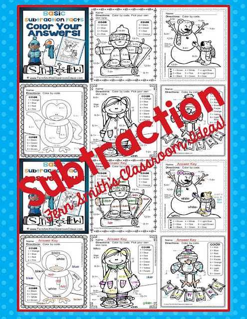 Fern Smith's Classroom Ideas Matching Winter Fun! Basic Subtraction Facts - Color Your Answers Printables