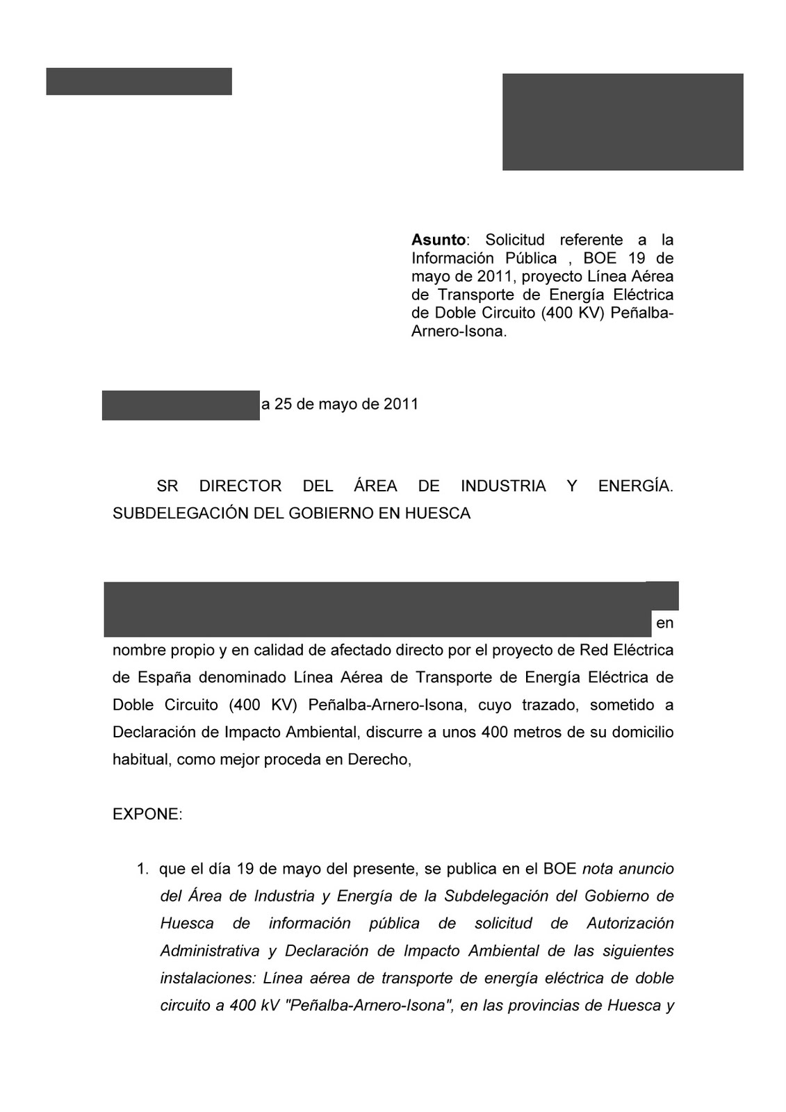 ALTA TENSIÓN / ALTA TENSIÓ: Modelo de solicitud de suspensión temporal del  proceso de información pública de la Autopista Eléctrica elaborado por un  compañero