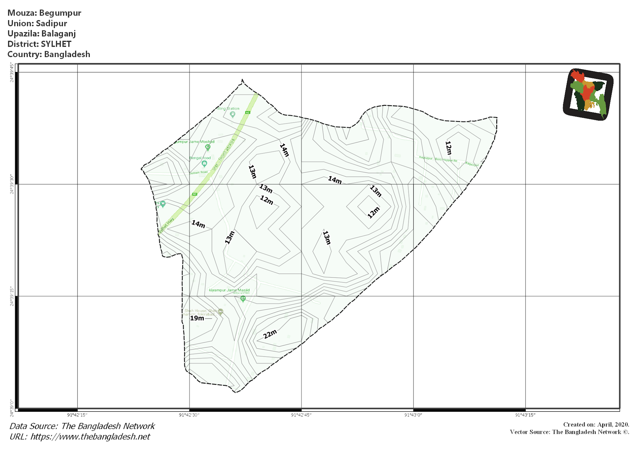 Map of Begumpur Mouza of Balaganj Upazila, SYLHET, Bangladesh.