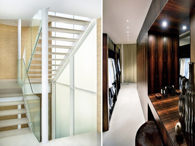Photos of white modern staircase and dark narrow hallway