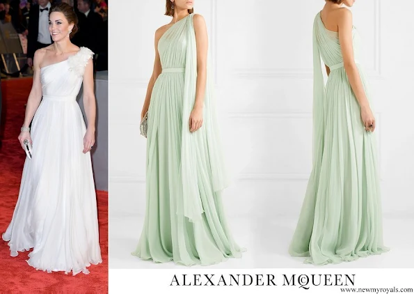 Kate Middleton wore ALEXANDER MCQUEEN One-shoulder crinkled silk-chiffon and satin gown