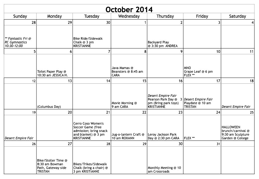 MOMS Club® of Ridgecrest, CA Sample calendar of events