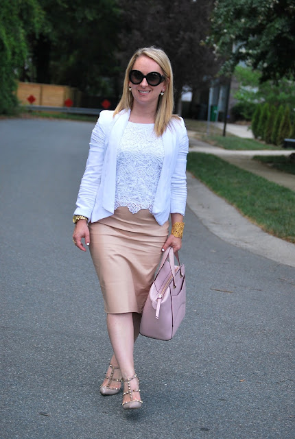 how to style blush tones, blush leather skirt, 