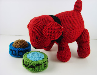knit dog puppy water food dish toy red