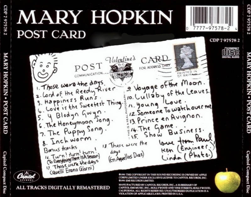 ENTRE MUSICA MARY HOPKIN Postcard (1969)