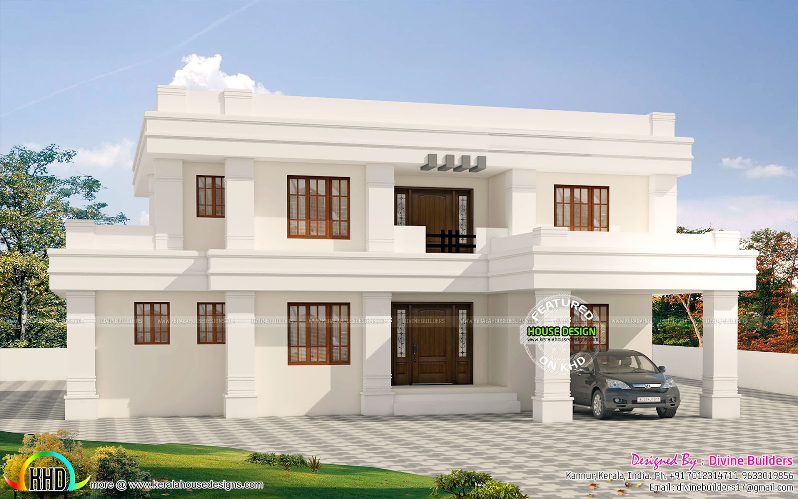55 Lakhs Cost Estimated White Flat Roof House Kerala Home