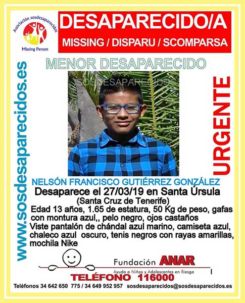 El niño Nelson Francisco Gutiérrez González, de 13 años, desaparecido en Santa Úrsula, Tenerife