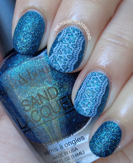 Blue Texture with White Floral Lace Stamping Nail Art