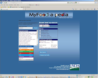 screenshot of roast beef sandwich nutrition information on MyFoodaPedia website