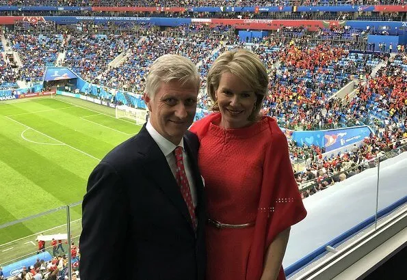 Queen Mathilde and King Philippe, President Emmanuel Macron and Foreign Minister Didier Reynders at 2018 FIFA World Cup