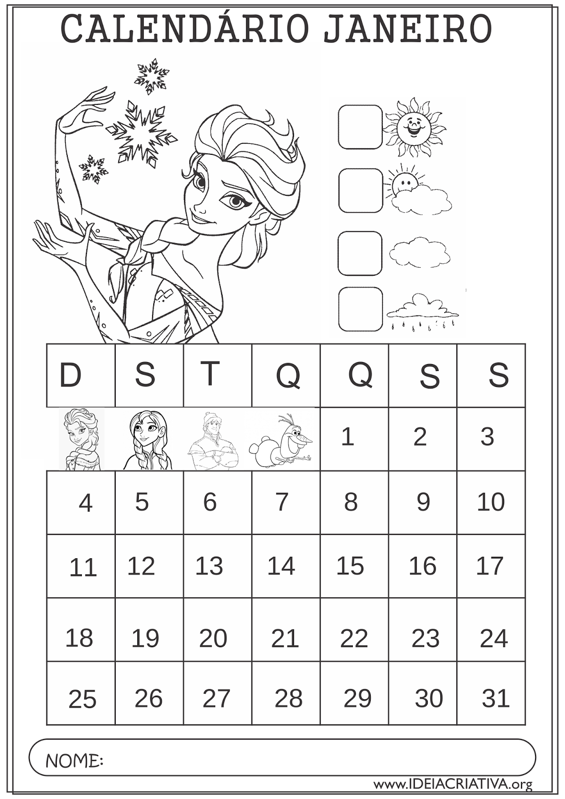 Calendários Janeiro 2015 Frozen Colorir Educação Infantil
