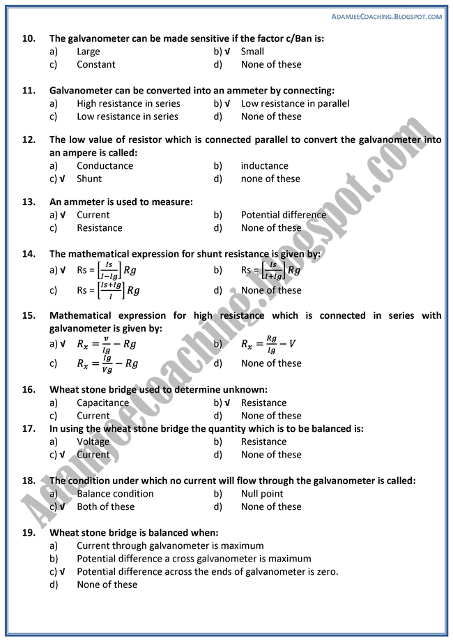 Adamjee Coaching XII Physics MCQS Electrical Measuring Instruments