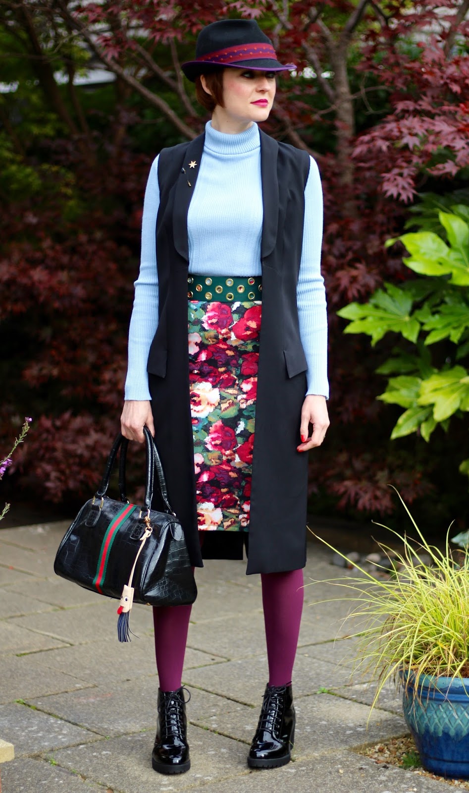 Fake Fabulous | Christys Trilby, floral pencil skirt, sleeveless jacket, patent vagabond boots | Hats
