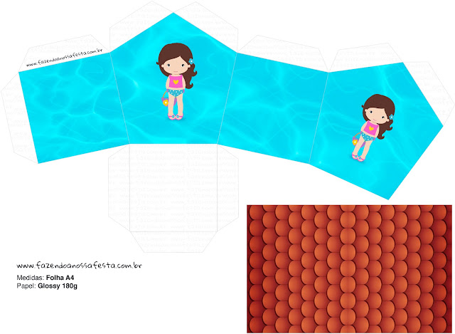 Fiesta en la Piscina para Niña Morena: Cajas para Imprimir Gratis. Caja con Forma de Casa para Imprimir Gratis de Fiesta en la Piscina para Niña Morena.