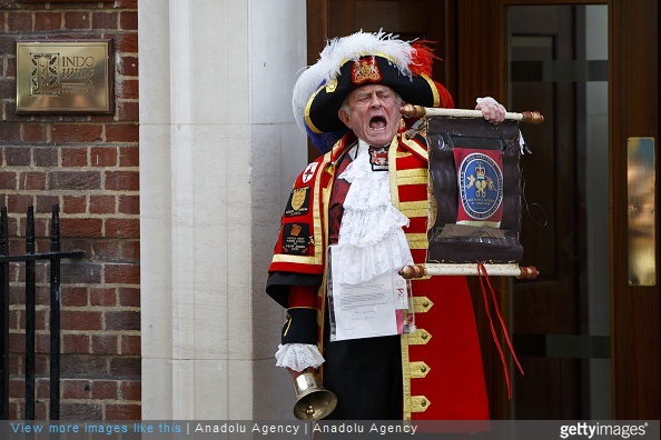  Unofficial Town Crier Tony Appleton announces The Duchess of Cambridge has given birth to a girl outside St. Mary's Hospital in London, England on May 2, 2015.