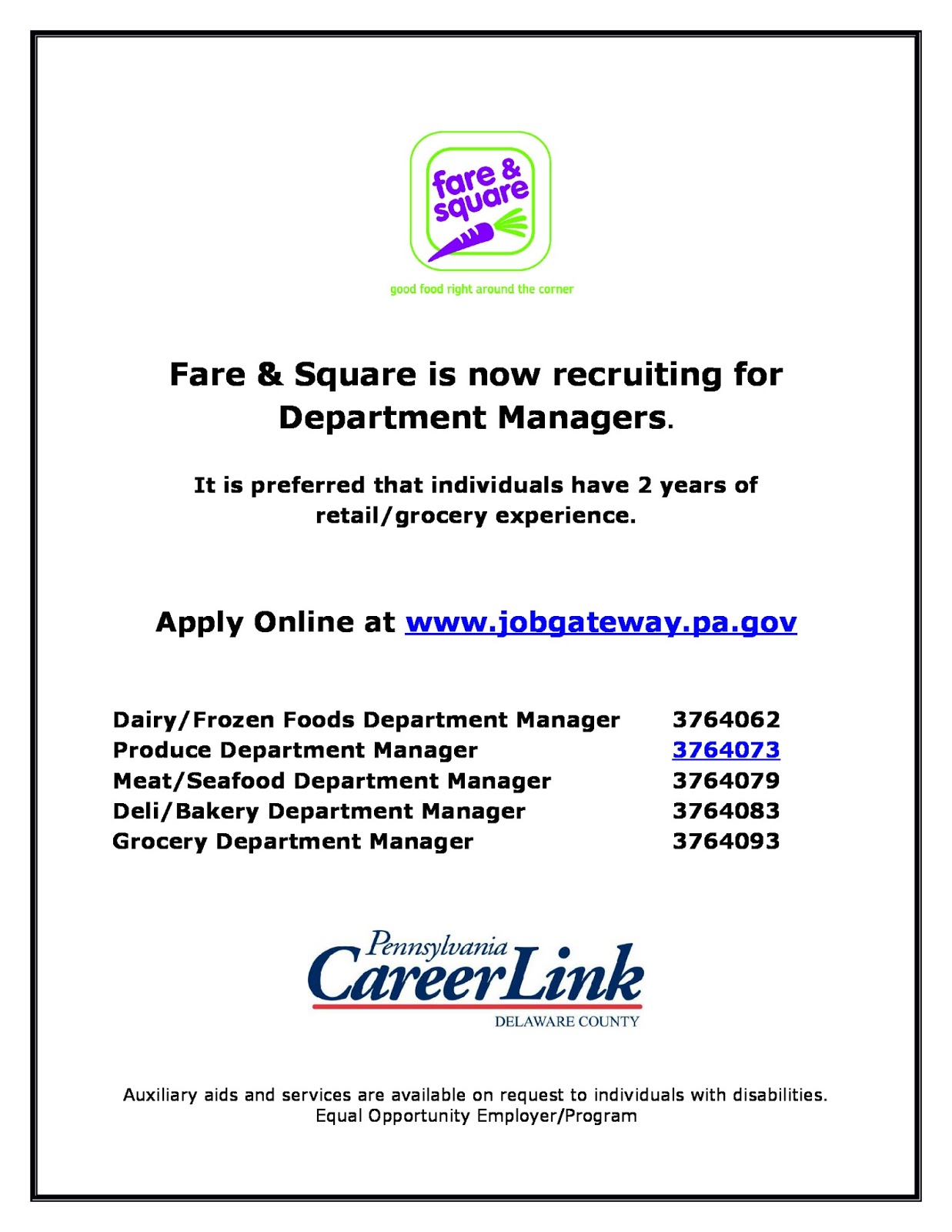 fresh start outreach ministry job posting fare and square