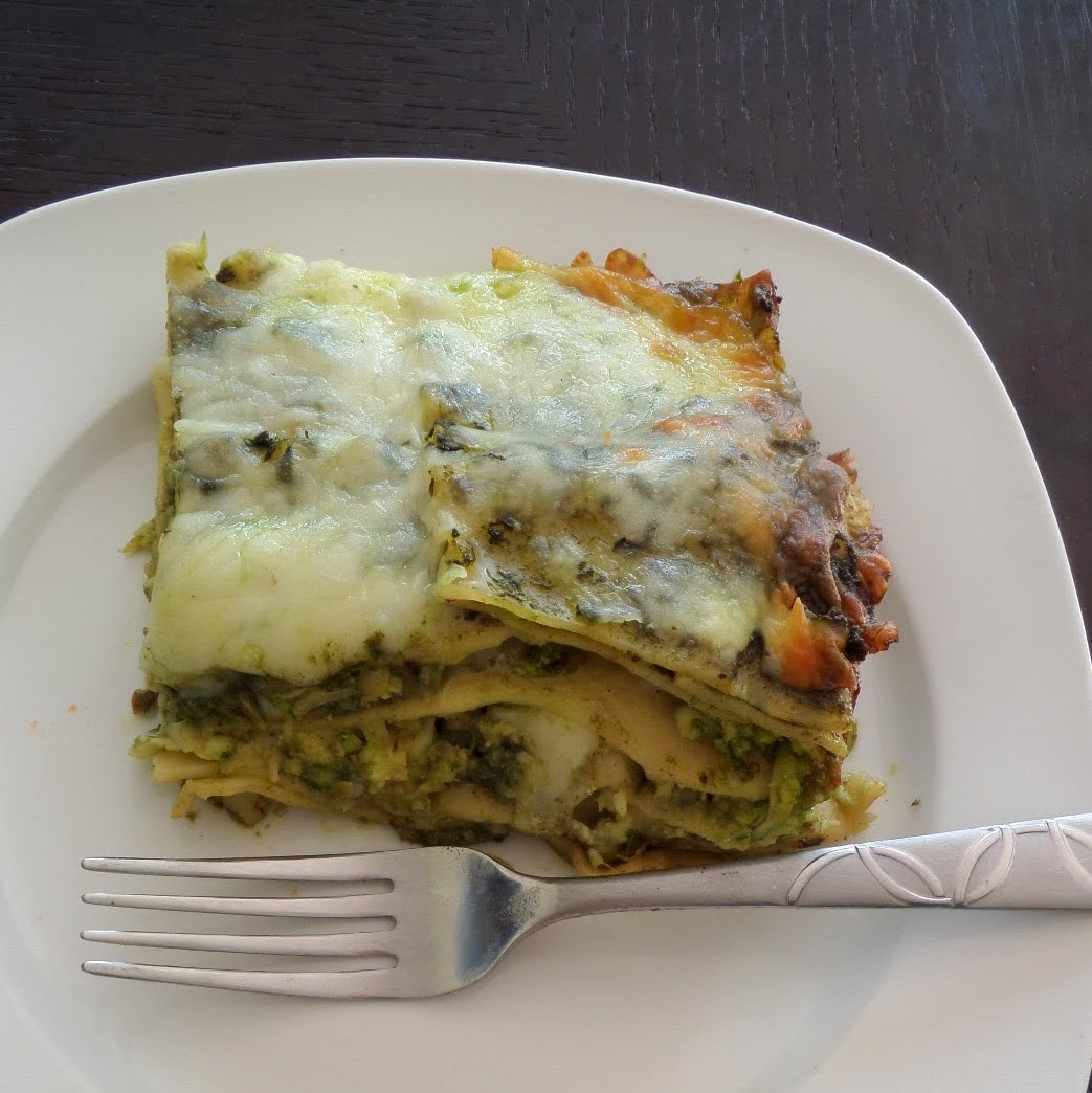 Green Lasagna:  A meatless lasagna layered with green vegetables, cheese, chickpeas, and pesto.