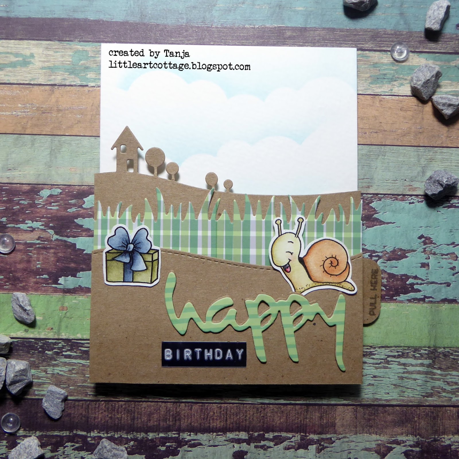 Create A Hidden Slider Card Using Watercolor Cardstock Distress Ink Tumbled Glass And The My Favorite Things Cloud Stencil For Background