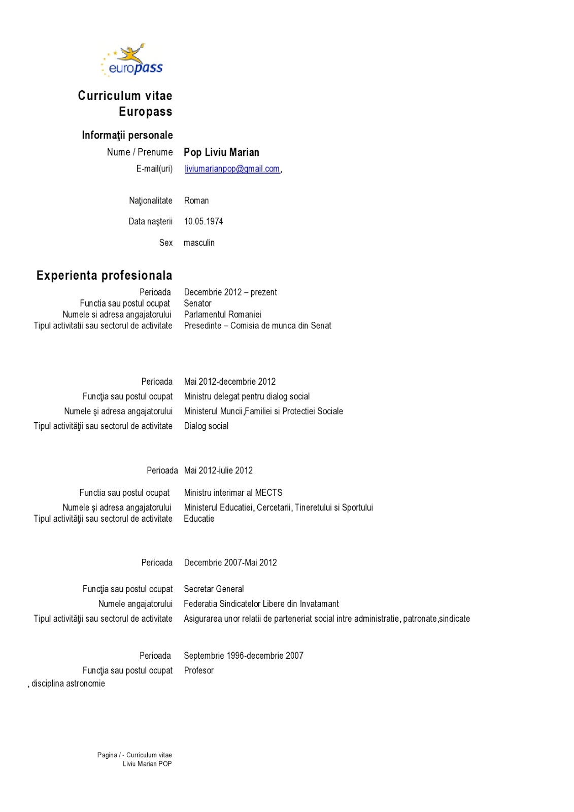 Curriculum Vitae Curriculum Vitae Example Romana