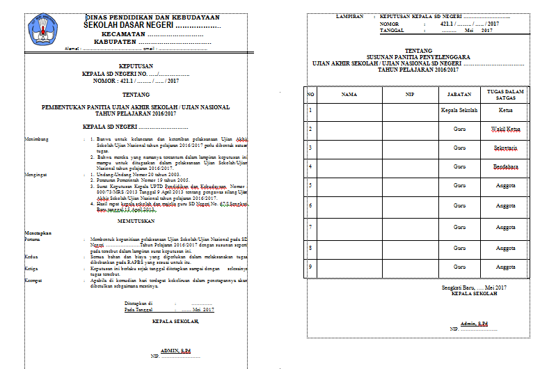 Contoh Format SK Panitia Ujian Nasional (UN) Tahun 2017 di