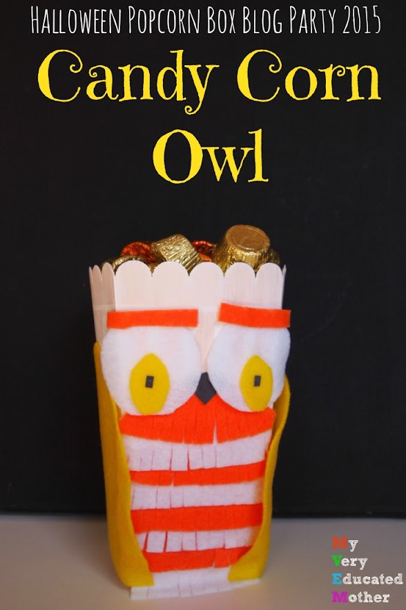 Halloween Popcorn Box Blog Party 2015: I turned my popcorn box into a cute candy corn inspired owl candy dish!