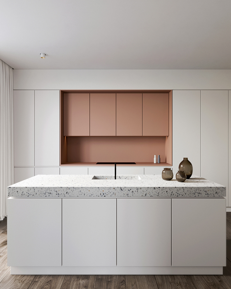 Eclectic Kitchen With Pink Cabinets And Terrazzo Countertop My