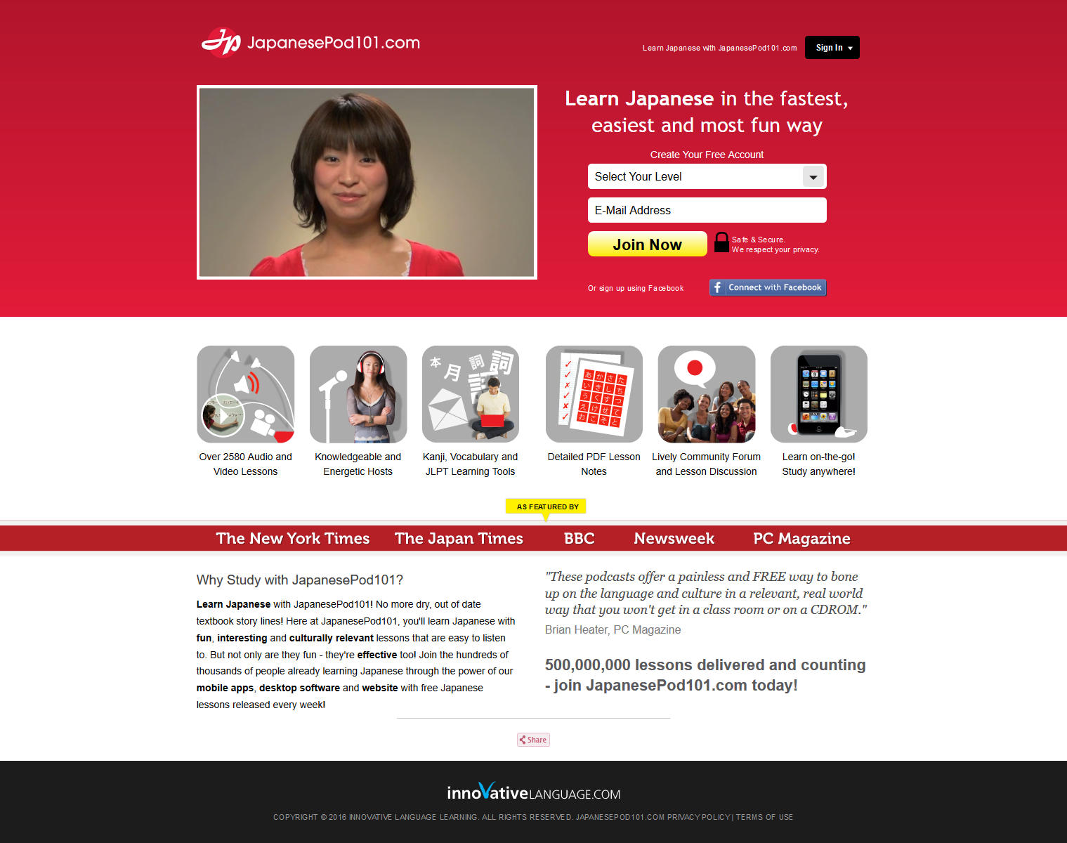 Strona japanesepod101.com ucząca języka angielskiego