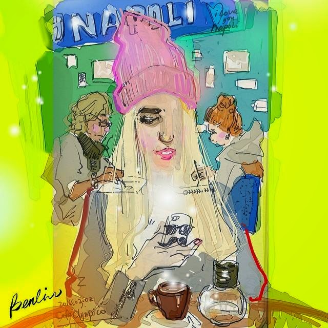 Afternoon Tae at Café Olympico Coffee with friend Tea time, coffee, cafe, Olympico scene, girl texting on iphone, man drawing at cafe, urbansketch, sketchbook, Montreal