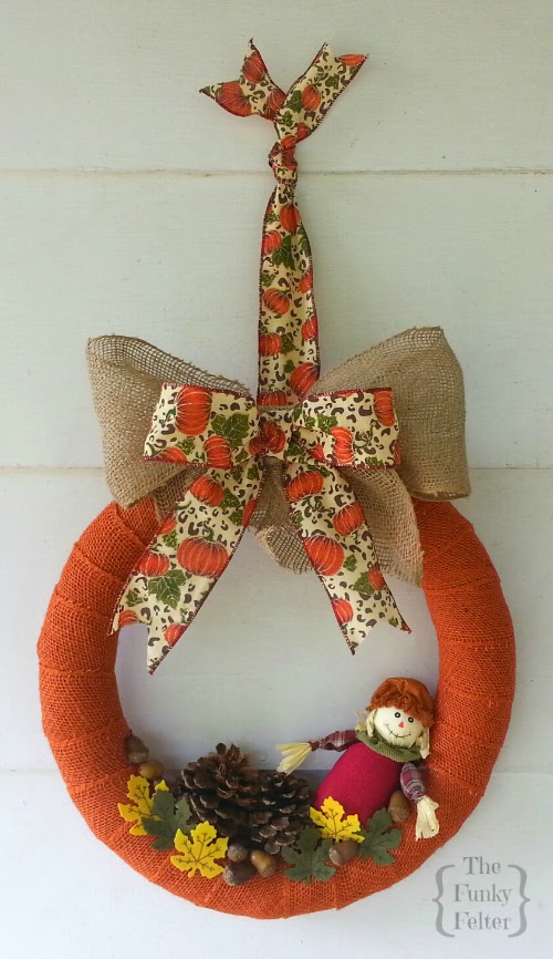 burlap and scarecrow orange wreath for autumn by the funky felter