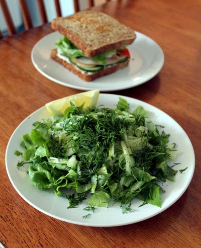 The simplest, best summer salad: butter lettuce, cucumber julienne, and fresh dill