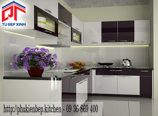 tủ bếp dành cho nhà phố tủ bếp chữ L màu trắng đen