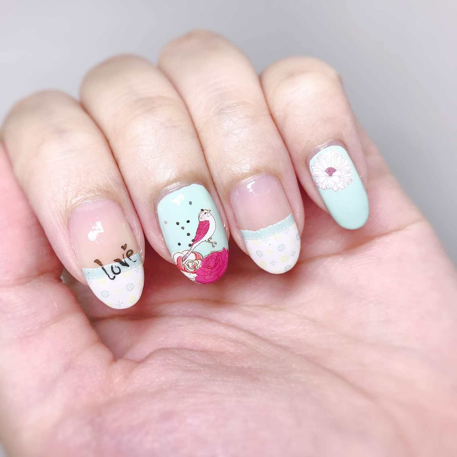 Mint Green and Roses Water Decal Nails - chichicho~
