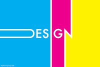The word Design strewn across blue pink and yellow shapes