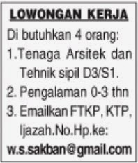 Lowongan Arsitek dan Teknik Sipil D3 dan S1 Lowongan Arsitek dan Teknik Sipil D3 dan S1