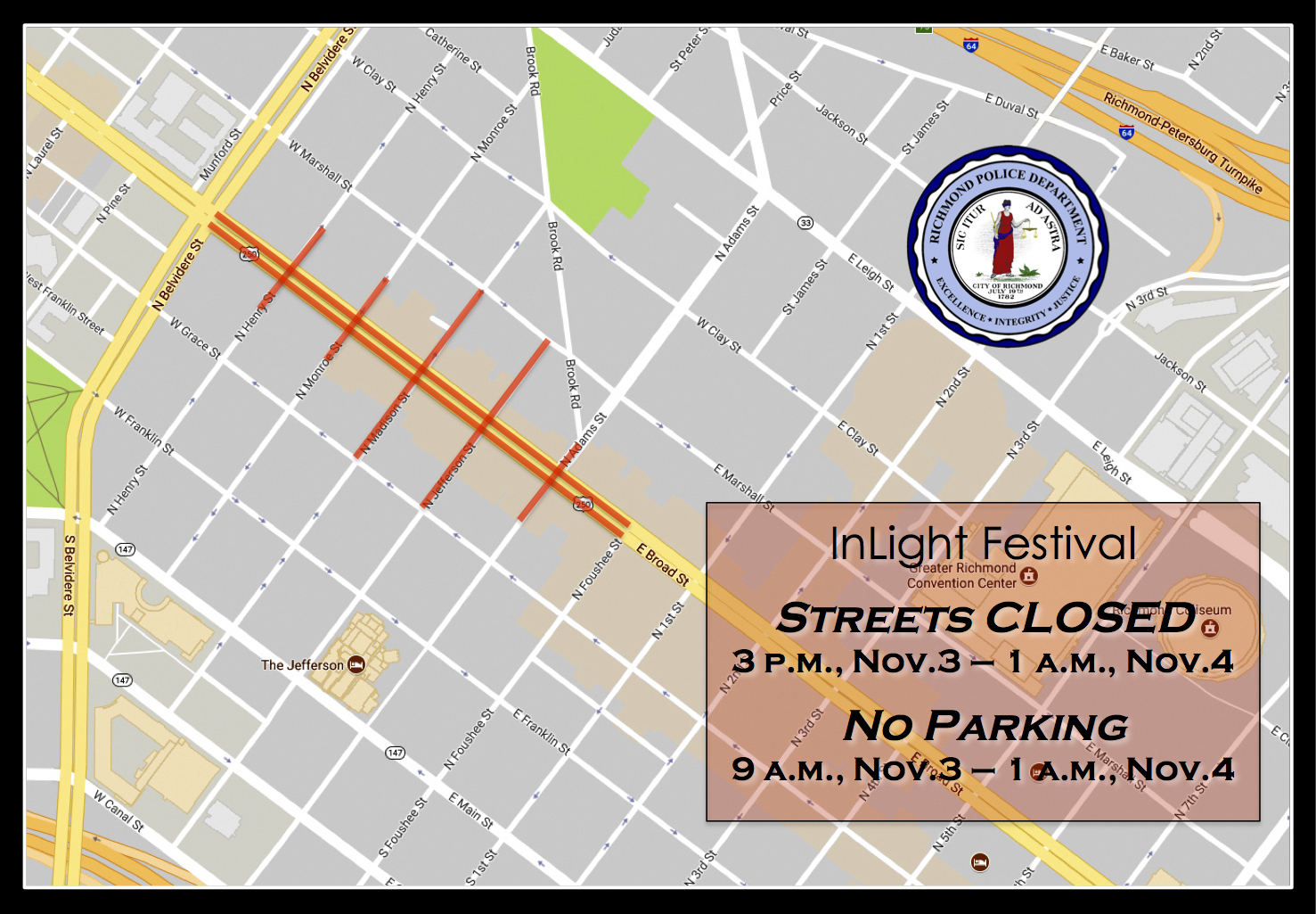 Traffic Advisories in Richmond VA Road closures, no parking for