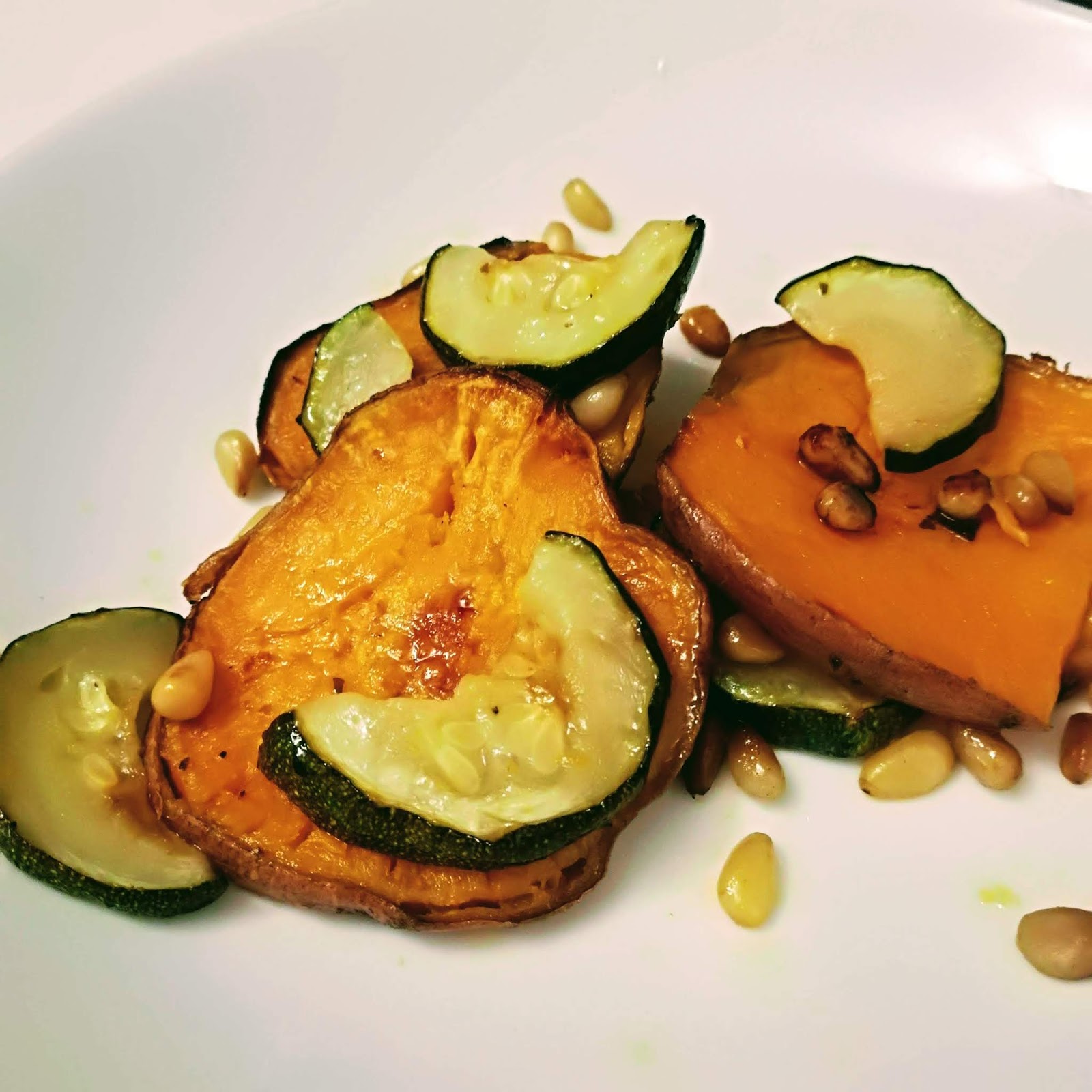 Roasted sweet potato and courgette in lime, ginger and basil dressing Roasted sweet potato and courgette in lime, ginger and basil dressing