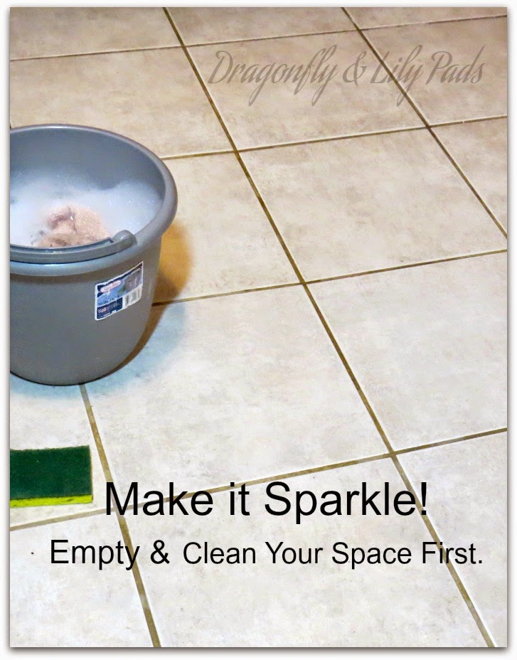 A bucket of soapy water, Ceramic tile, Sponge, Clean, Sparkling floor.