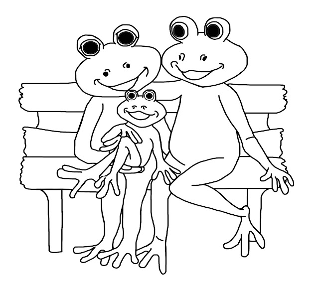 Daddy Frog with mom and baby frog sitting on a bench.