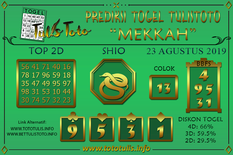 Prediksi Togel MEKKAH TULISTOTO 23 AGUSTUS 2019