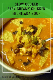 Slow Cooker Easy Creamy Chicken Enchilada Soup is Heaven sent on a cool Spring evening! - Loaded with Latin flavors and creamy chicken. - Slice of Southern